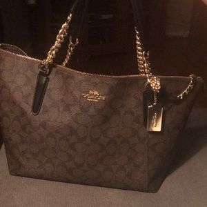 Brown and Black Signature Chain Accent Tote